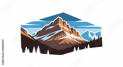Stylized mountain range with snowy peaks under a blue sky