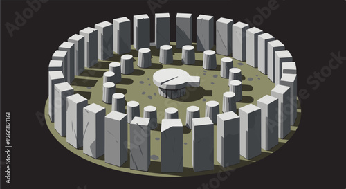 A low-poly 3D render of a stone monument with standing stones in a circle
