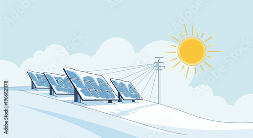 Snowy solar panels gleam under a bright sun, connected to a distant utility pole