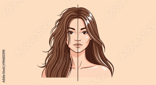 Split portrait of a woman's face showing contrasting hair conditions