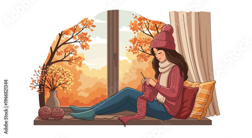 Cozy woman knitting a scarf by the window amidst vibrant autumn foliage