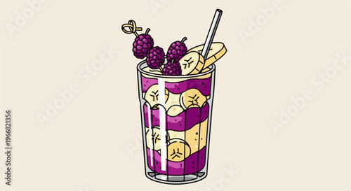 A layered fruit smoothie in a clear glass with berries and banana slices