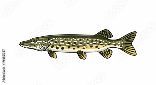 A green and yellow spotted fish with dark fins swims horizontally