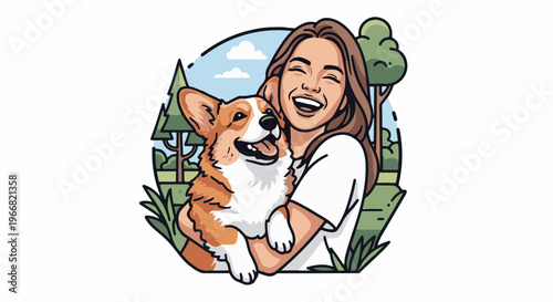 A joyful woman embraces her happy corgi dog in a picturesque forest setting