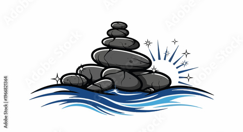 Stacked gray rocks balanced on blue waves with radiating sparkles