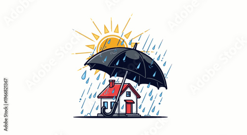 A small house is protected from rain by an umbrella under a shining sun