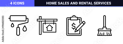 Minimalist Monoline Real Estate Icon Set featuring Geometric Line Art for Property Management, Mortgage, and Residential Construction.