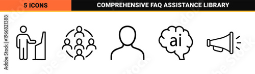 Customer Support and Information Desk Line Icons featuring Minimalist Geometric Outline Symbols for User Guidance and FAQ Interfaces.