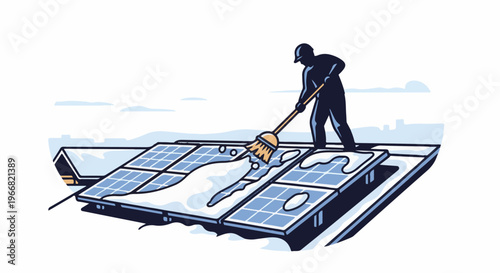 A person is sweeping snow off solar panels on a rooftop