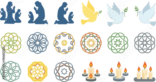 Silhouettes depicting family members or a nativity scene kneeling in devotion are paired with flying doves holding olive branches and intricate geometric mandala patterns.