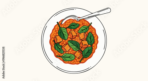 A close-up aerial view of a bowl of soup with cubed vegetables and spinach