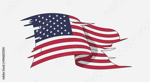 Waving Tattered American Flag with Stars and Stripes, rendered in graphic style