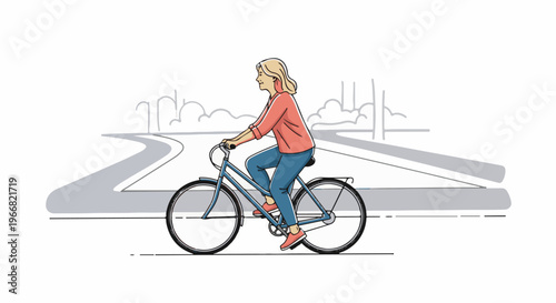 Woman rides bicycle on road with stylized city skyline background
