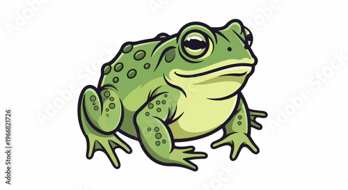 A cartoon green frog with big eyes sits on a white background