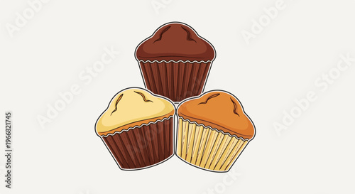 Three cartoon cupcakes arranged in a triangle, one dark brown, one light brown, one yellow
