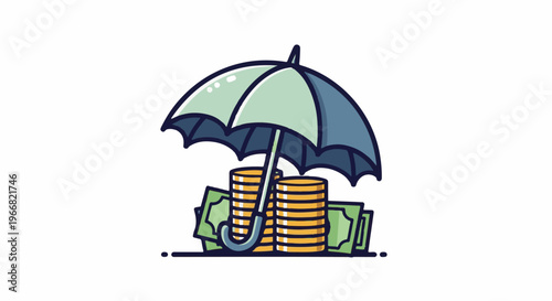 A blue umbrella covers stacks of coins and banknotes