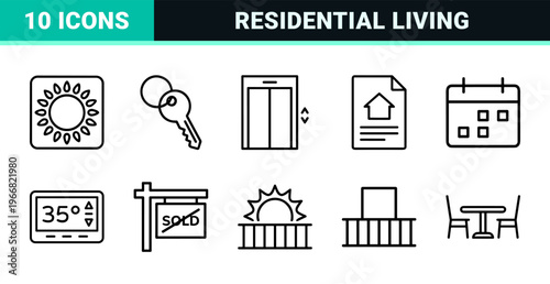 Residential Apartment Management and Real Estate Lease Services Minimalist Geometric Monoline Outline Vector Graphic Element Set