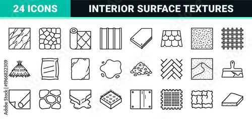 Construction Materials and Interior Surface Textures Minimalist Monoline Outline Symbols for Architectural Design and Building Projects