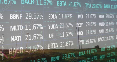 Ticker overlay updating on price tick, shifting rates, tracing line over wind farm showing gains