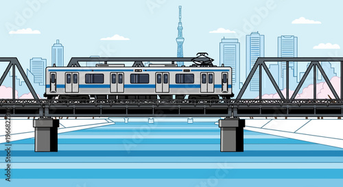 Cartoon Train Crossing Bridge Over River with City Skyline
