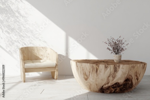 Minimalist interior with wooden chair and natural wood coffee table.