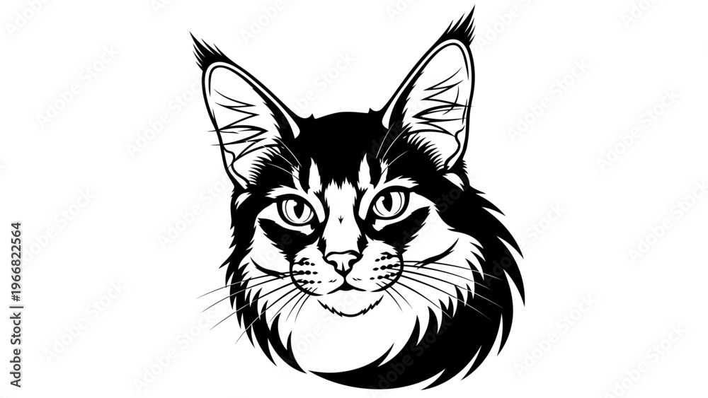 Obraz premium Maine Coon Cat Head Portrait, Black and White Line Art Illustration, Majestic Feline Face