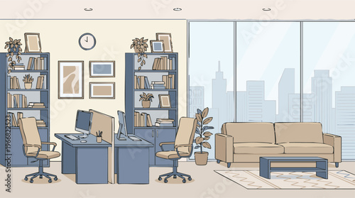 Modern office interior with workstations, lounge area, and city skyline view