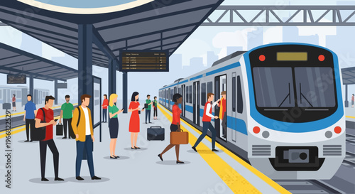 Commuters Waiting for Subway Train at Modern Station Platform