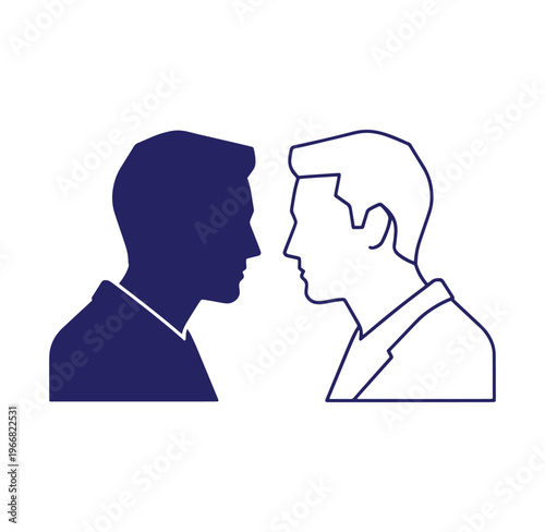 Two men facing each other in profile view in blue and white color scheme