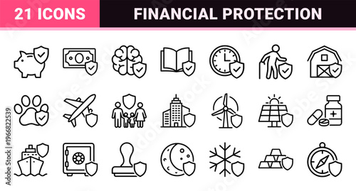 Risk Management and Financial Insurance Outline Symbols in minimalist Monoline Style for Professional Corporate Protection Documentation
