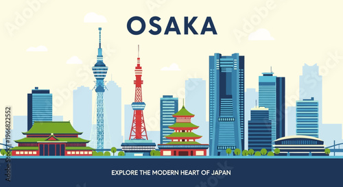 Osaka City Skyline Illustration with Modern and Traditional Japanese Architecture