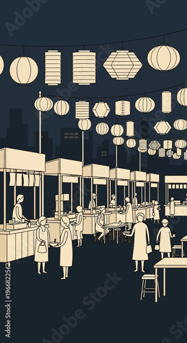 Night Market Scene with Hanging Lanterns and People