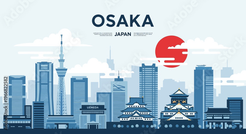 Osaka Japan Skyline Vector Illustration with Castle and Modern Buildings
