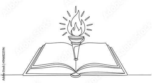Continuous Line Illustration of an Open Book with a Flaming Torch