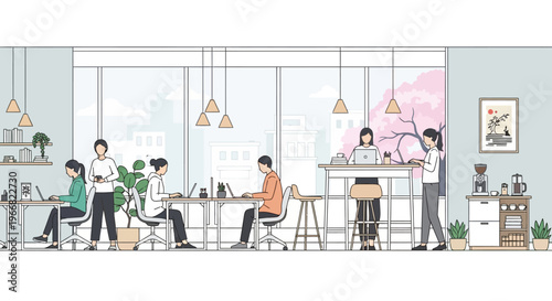 Modern Coworking Office Space with Diverse People Working on Laptops