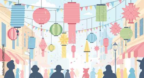 Colorful Chinese Lantern Festival Street Celebration Illustration