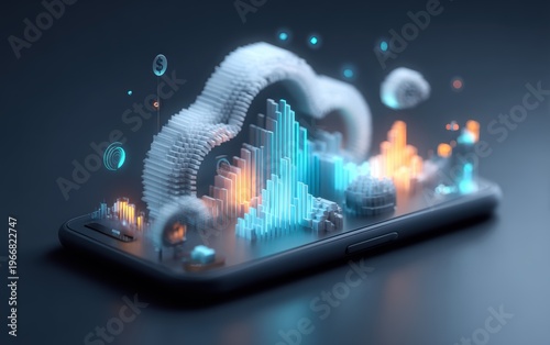 Digital Innovation on Display: A vibrant, futuristic vision unfolds as a mobile device hosts a dynamic cloudscape, complete with data visualizations, particles, and innovative technology.