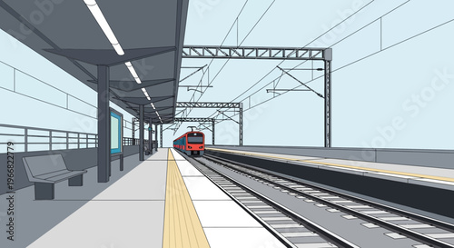 Modern Red Commuter Train Arriving at an Empty Railway Station Platform