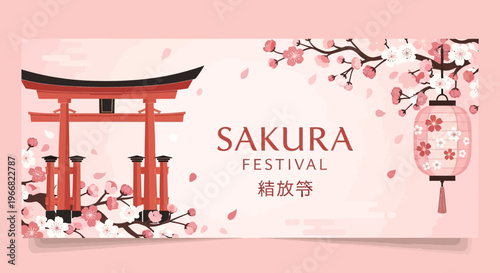 Sakura Festival Banner with Torii Gate and Cherry Blossoms