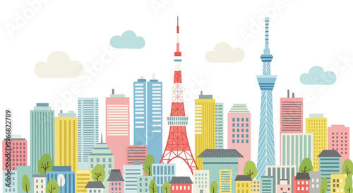 Colorful Tokyo City Skyline Illustration with Iconic Towers
