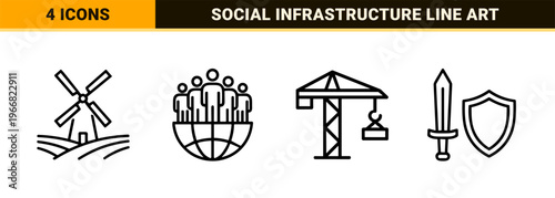 Sectors of Society Minimalist Monoline Outline Icons Representing Industry Education Government Healthcare and Global Infrastructure