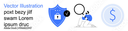 Cybersecurity, fraud detection, online payments, financial transparency, secure systems, authentication. Blue shield with lock, person examining and dollar symbol. Cybersecurity and fraud prevention