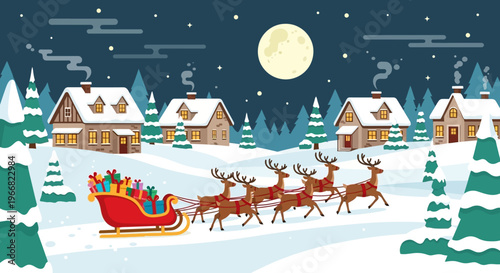 Santa Claus Sleigh with Reindeer Flying Over Snowy Village at Night