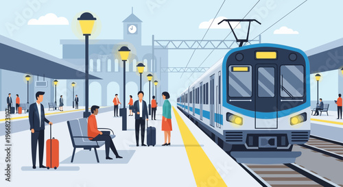 Commuter train arriving at a modern railway station platform with passengers