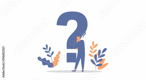 Person standing next to question mark.