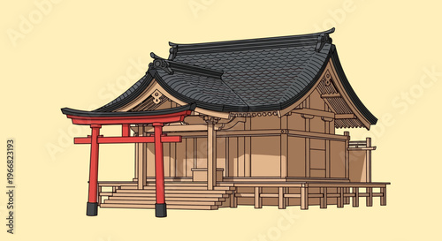 Illustration of a Traditional Japanese Shinto Shrine with Red Torii Gate