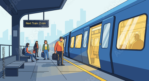 Commuters Waiting for Subway Train at Modern Urban Platform