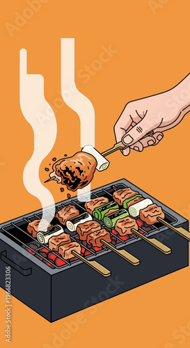 Grilled Yakitori Skewers on Charcoal Grill Illustration
