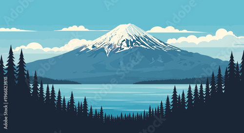 Minimalist Vector Illustration of Mount Fuji with Pine Forest and Lake