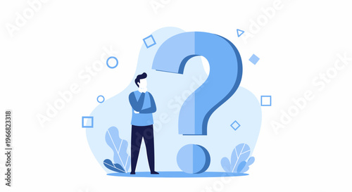 Man standing next to question mark.